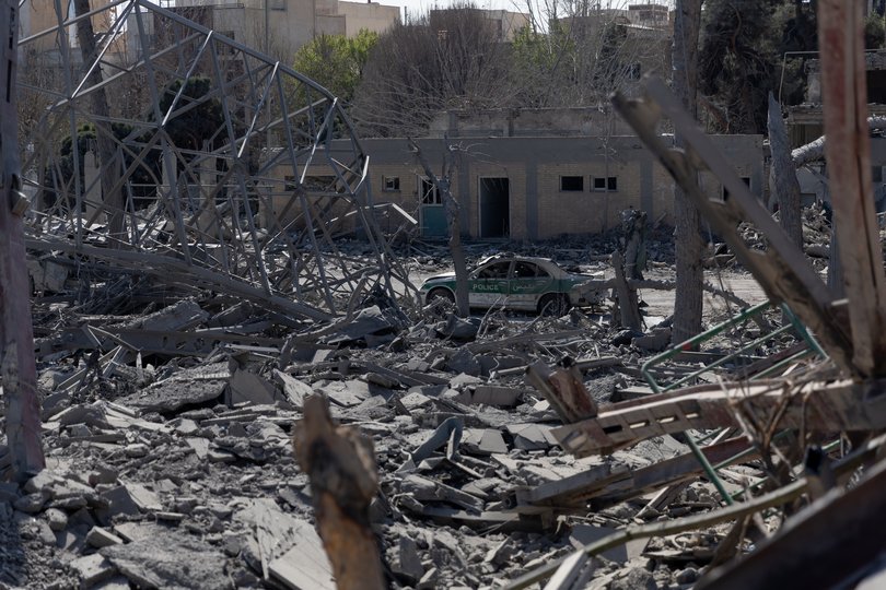 3/4/2026 The Diplomatic Police Center was targeted during US - Israeli strikes on Iran, leaving the building destroyed and causing damage to surrounding structures. (Photo by Sobhan Farajvan/Pacific Press/Sipa USA)