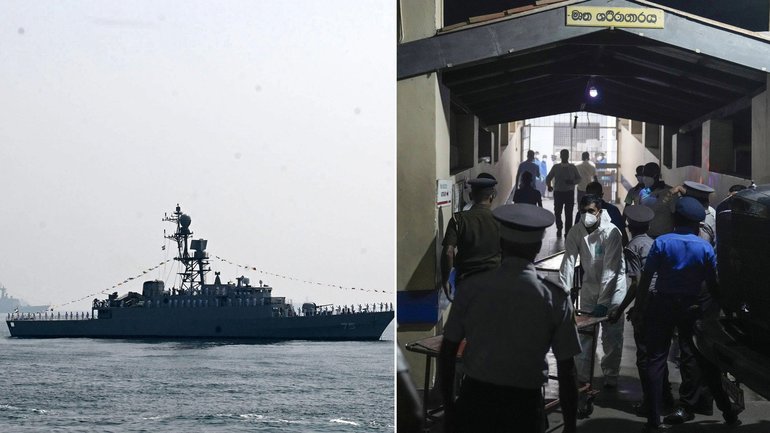 Iranian warship IRIS Dena in Indian waters in February and medical staff move bodies and the injured into a hospital in Sri Lanka after the ship was sunk.