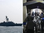 Iranian warship IRIS Dena in Indian waters in February and medical staff move bodies and the injured into a hospital in Sri Lanka after the ship was sunk.