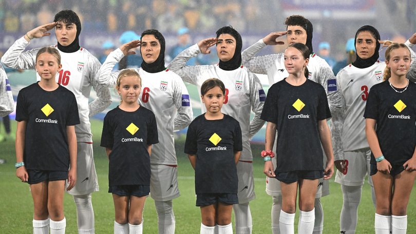 The Iran team before the clash with the Matildas.