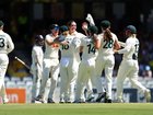 Australia celebrate Lucy Hamilton’s first Test wicket.