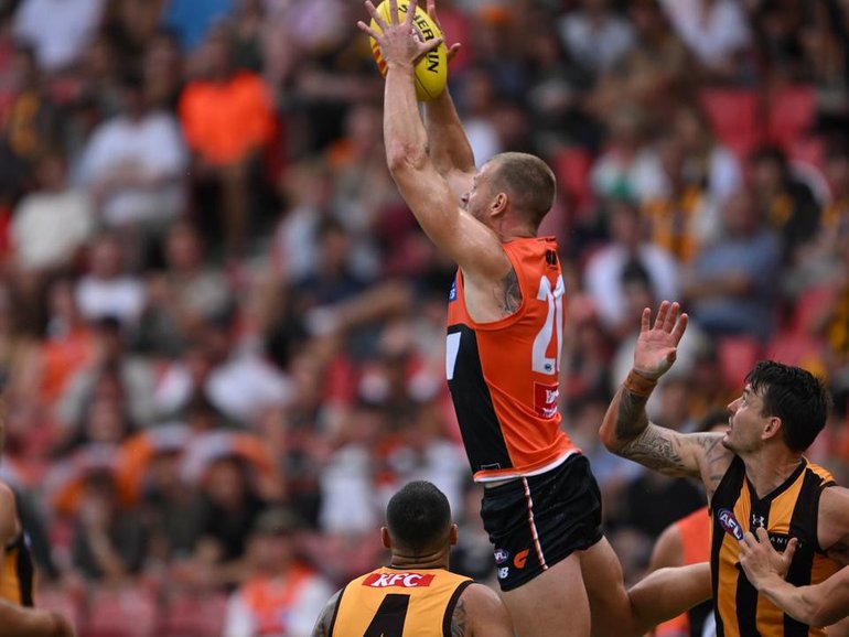 Jake Stringer has soared to great heights in kicking five goals in the Giants' win over Hawthorn. (Dean Lewins/AAP PHOTOS)