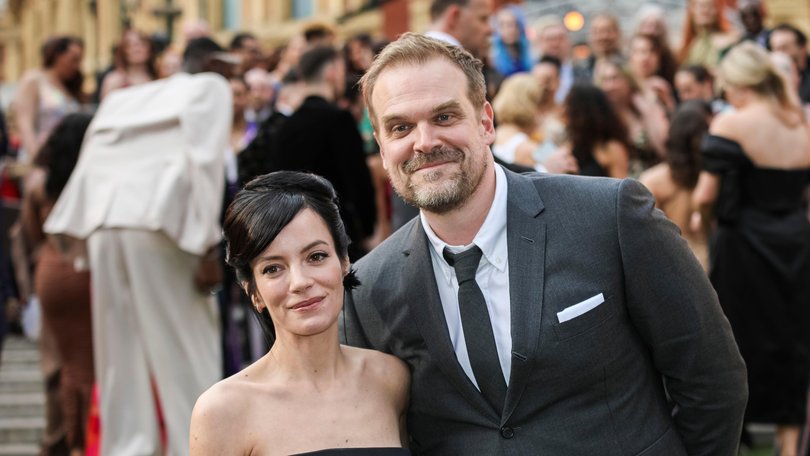 The dress appeared to allude to Allen’s  breakup with David Harbour (pictured in 2002).