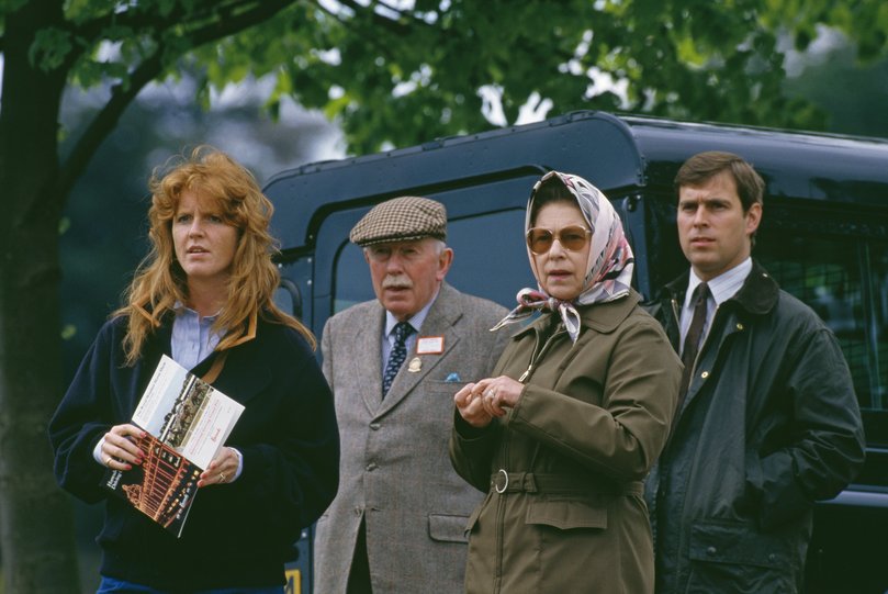 Sarah Ferguson, Duchess of York, Queen Elizabeth II, and Prince Andrew of York at the Royal Windsor Horse Show, 16th May 1987.