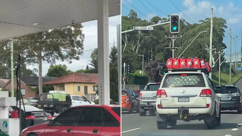 One car is filled with an IBC while another is loaded with multiple jerry cans, showing the different ways people are stockpiling fuel amid the panic buying.