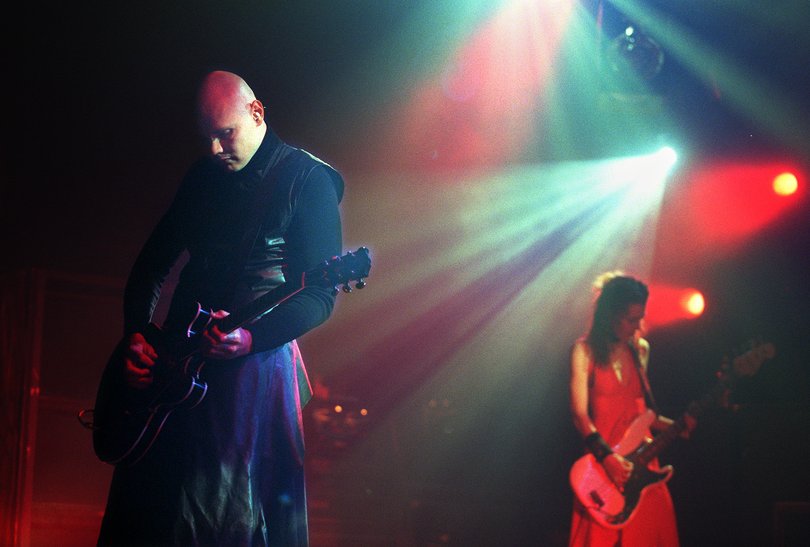 Billy Corgan, lead singer of Smashing Pumpkins, plays at Universal Amphitheatre on 23 May, 2000. In the background is bassist Melissa Auf Der Maur. (Photo by Gary Friedman/Los Angeles Times via Getty Images) Picture: Gary Friedman