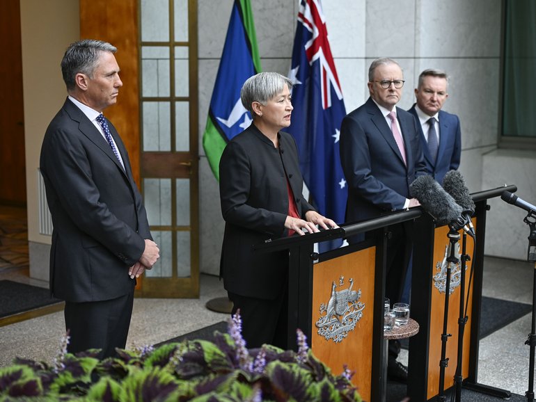 Prime Minister Anthony Albanese, Deputy Prime Minister Richard Marles, Foreign Minister Senator Penny Wong, and Climate Change and Energy Minister Chris Bowen address the media at Parliament House Tuesday morning.