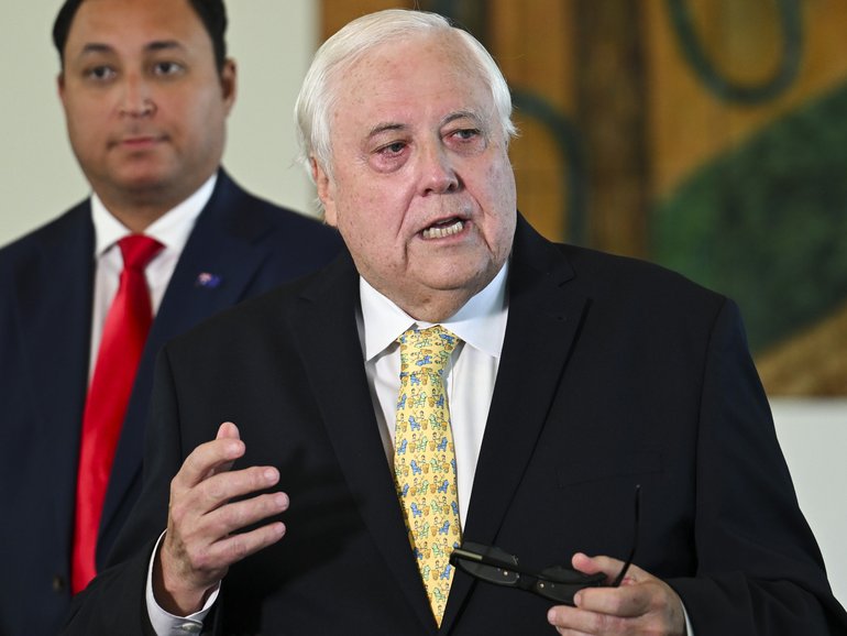 CANBERRA, AUSTRALIA  - NewsWire Photos - February 4, 2026: Clive Palmer and Senator Ralph Babet hold a press conference at Parliament House in Canberra. NewsWire / Martin Ollman