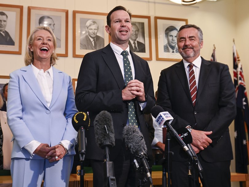 New Nationals leader Matt Canavan flanked by deputy leader Darren Chester and Senator Bridget McKenzie, leader of the Nationals in the Senate.