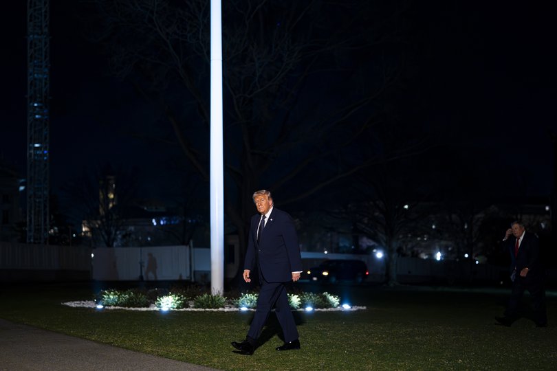 President Donald Trump arrives on the South Lawn of the White House, following a weekend trip to Florida, in Washington, March 9, 2026. Trump has said both that the war in Iran could go on for more than a month and that it was “very complete, pretty much.” (Al Drago/The New York Times)