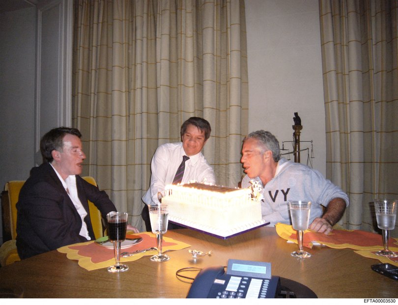 This undated photo in an unidentified location provided by the US Justice Department on December 19, 2025 shows former UK Ambassador in the US Peter Mandelson (L) and Jeffrey Epstein (R).