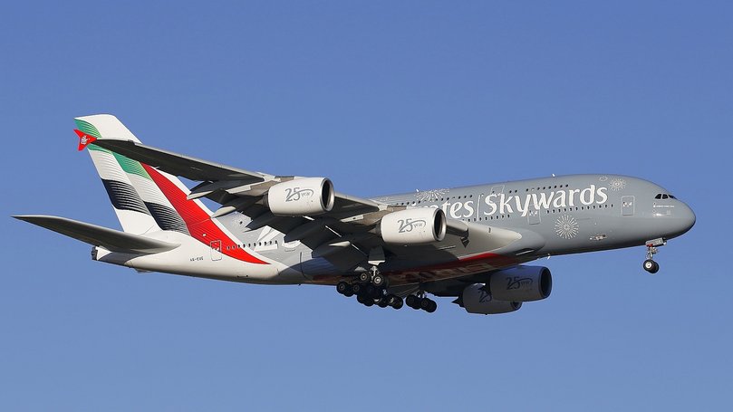 Emirates A380 undertaking a repatriation flight from Dubai to Perth just about to touch down on Perth Airport’s main runway on Saturday evening. 
