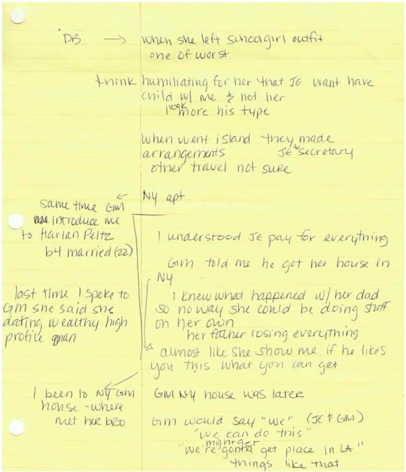 Handwritten notes from a British victim describe Epstein asking her to have his baby.