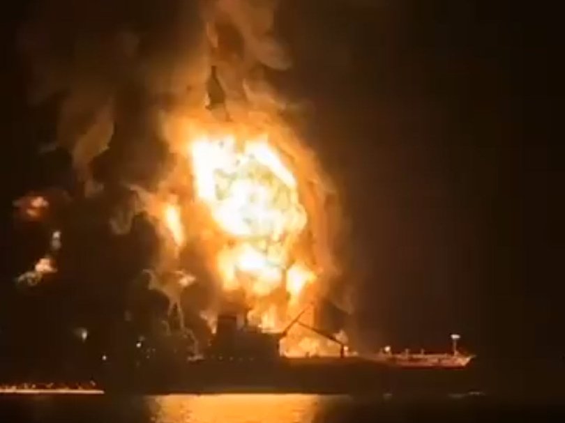 Infernos rages as oil tanker attacked in Iraqi waters.

An oil tanker burns after being struck in Iraqi waters.