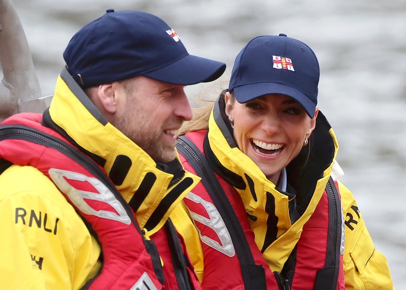 William and Catherine, onboard an E class inshore lifeboat during their visit to the RNLI Tower Station in London.