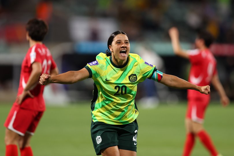 PERTH, AUSTRALIA - MARCH 13: Sam Kerr of Australia celebrates scoring her team's second goal during the AFC Women's Asian Cup Australia 2026 match between Australia Matildas and DPR Korea at Perth Rectangular Stadium on March 13, 2026 in Perth, Australia. (Photo by Paul Kane/Getty Images)