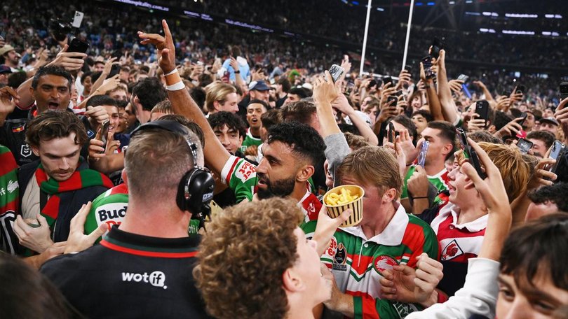 Spectators stormed the field as Alex Johnston became the NRL's all-time leading try scorer. (Dean Lewins/AAP PHOTOS)