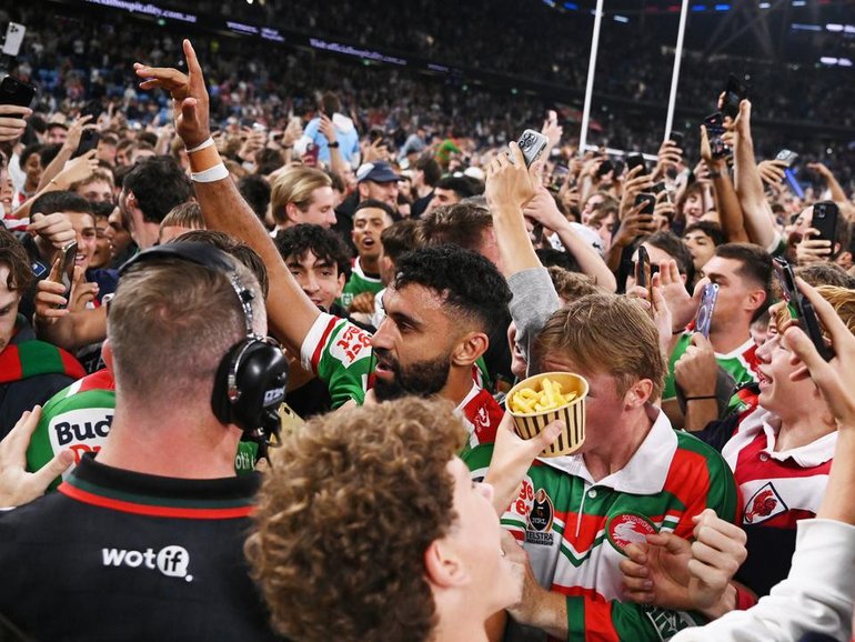 Spectators stormed the field as Alex Johnston became the NRL's all-time leading try scorer. (Dean Lewins/AAP PHOTOS)