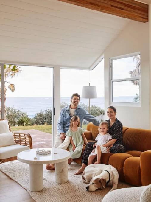 Matty J and Laura with their daughters Marlie-Mae and Lola at their South Coast beach house. Picture chantemer.com.au