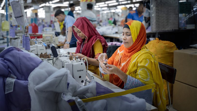 Garment workers inside a factory in Bangladesh on April 15, 2025.