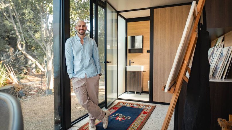 Matt Decarne founder of Elsewhere Pods in one of the designs availble at Bunnings.