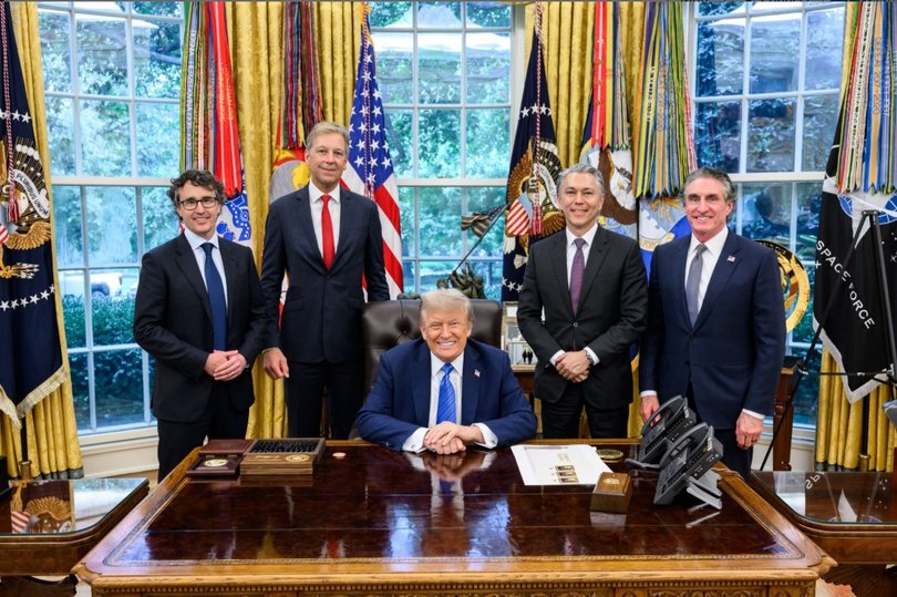 US President Donald Trump and Secretary of the Interior Doug Burgum together with Rio Tinto CEO, Jakob Stausholm and incoming CEO Simon Trott and BHP chief Mike Henry.