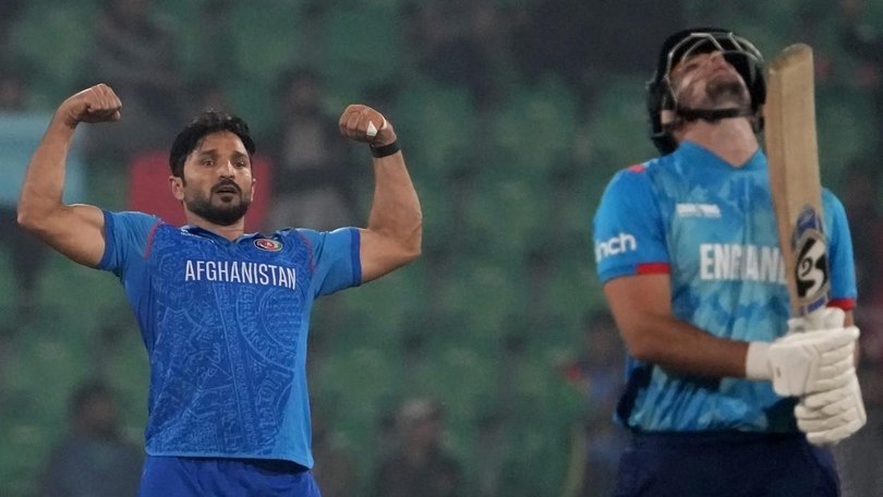 Afghanistan's Gulbadin Naib dismissies England's  Liam Livingstone at the 2025 Champions Trophy. (AP PHOTO)