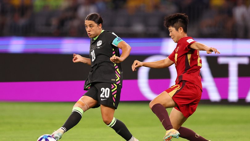 PERTH, AUSTRALIA - MARCH 17: Sam Kerr of Australia passes the ball during the AFC Women's Asian Cup Australia 2026 Semi Final match between Australia Matildas and China PR at Perth Stadium on March 17, 2026 in Perth, Australia. (Photo by Paul Kane/Getty Images)