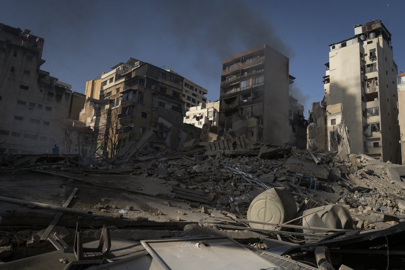  Damaged buildings stand in the wake of an Israeli airstrike on March 18, 2026 in Beirut, Lebanon. 