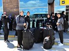 Members of the Iranian women's national soccer team outside the airport after they arrived in the eastern city of Igdir.