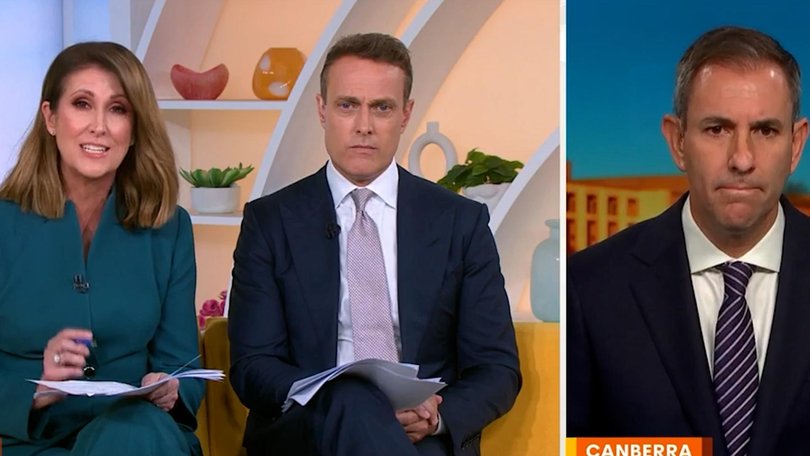 Sunrise host Nat Barr pressed Jim Chalmers on Labor’s public expenditure. Picture: Channel 7