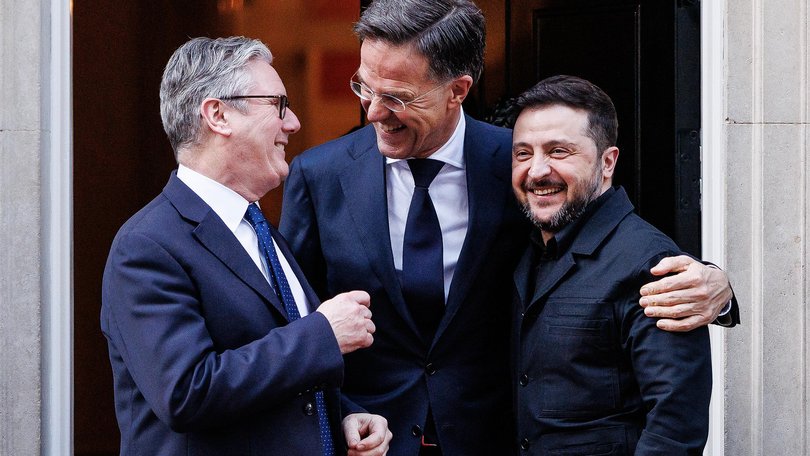 British Prime Minister Keir Starmer, Secretary General of NATO Mark Rutte and President of Ukraine Volodymyr Zelensky.