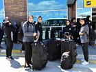 Members of the Iranian women's national soccer team outside the airport after they arrived in the eastern city of Igdir.