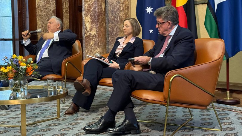 Joe Hockey, ABC Europe correspondent Kathryn Diss and Peter Mandelson on stage at Australia's High Commission to the UK.