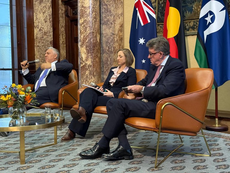 Joe Hockey, ABC Europe correspondent Kathryn Diss and Peter Mandelson on stage at Australia's High Commission to the UK.