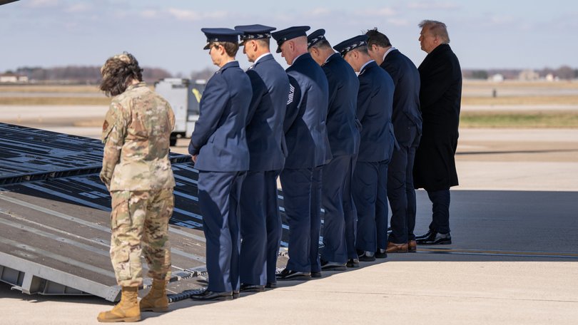 President Donald J. Trump attends the dignified transfer of six US servicemembers killed in the Middle East on Wednesday.