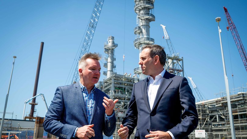 Treasurer Jim Chalmers and  Chris Bowen at the Ampol Lytton Refinery - one of two petroleum refineries left in Australia.