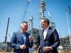 Treasurer Jim Chalmers and  Chris Bowen at the Ampol Lytton Refinery - one of two petroleum refineries left in Australia.