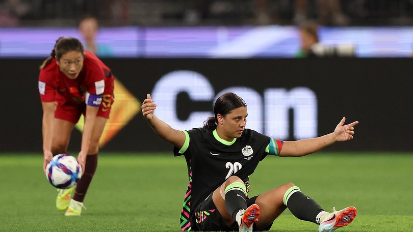 PERTH, AUSTRALIA - MARCH 17: Sam Kerr of Australia sits on the floor and gestures in frustration during the AFC Women's Asian Cup Australia 2026 Semi Final match between Australia Matildas and China PR at Perth Stadium on March 17, 2026 in Perth, Australia. (Photo by Janelle St Pierre/Getty Images)