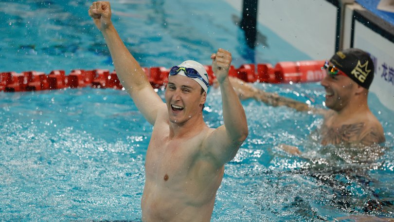 Cameron McEvoy celebrates after winning the gold medal in the Men's 50m Freestyle Final during day two of the China Open Swimming Championship.