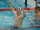 Cameron McEvoy celebrates after winning the gold medal in the Men's 50m Freestyle Final during day two of the China Open Swimming Championship.