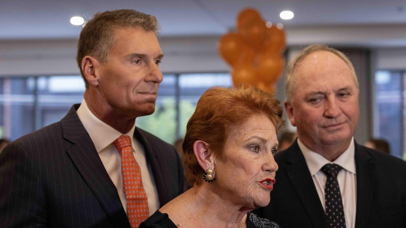 Cory Bernardi, Senator Pauline Hanson and Barnaby Joyce speak in Adelaide in February. Picture: NewsWire / Kelly Barnes