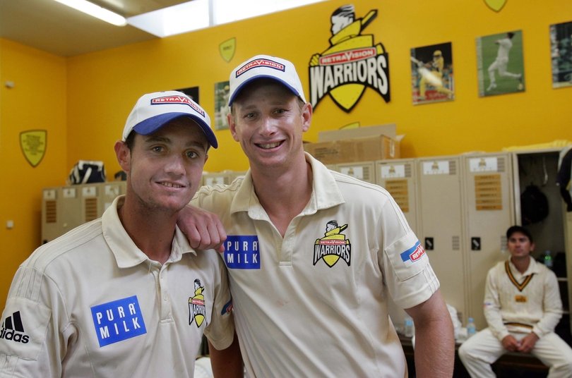 Warriors players Beau Casson with Shawn Gillies and Adam Voges.