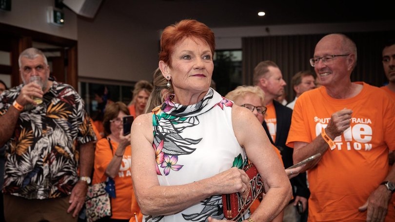 One Nation leader Senator Pauline Hanson with supporters at the One Nation South Australian election night event at the Kent Town Hotel, SA.