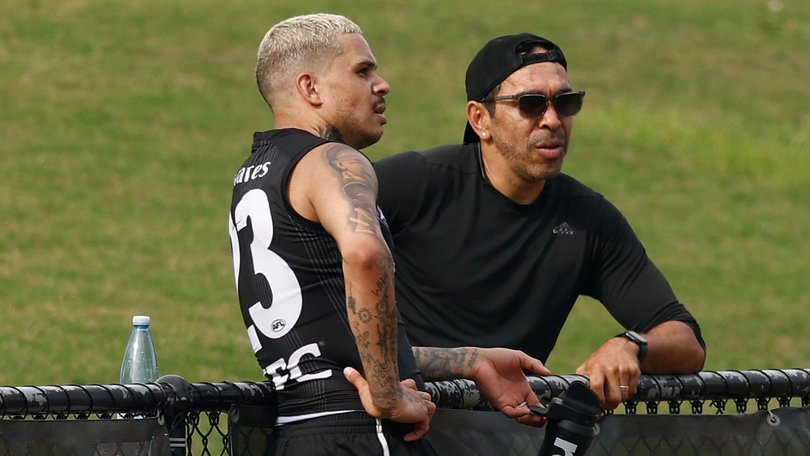Bobby Hill alongside Eddie Betts at Collingwood training on Monday.