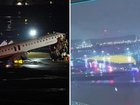 Wild new footage and flight controller audio has emerged, with a man heard yelling moments before a plane crashed into a fire truck on a New York runway. 