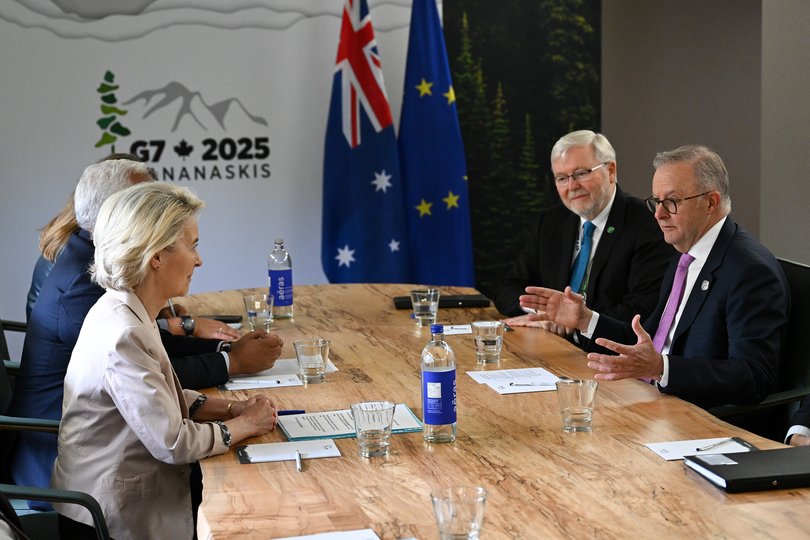 Australian Prime Minister Anthony Albanese speaks with President of the European Commission Ursula von der Leyen and President of the European Council Antonio Costa during a bilateral meeting in June.