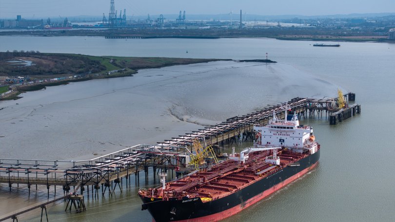 An Oil and Chemical tanker unloads on the River Thames in London this month.