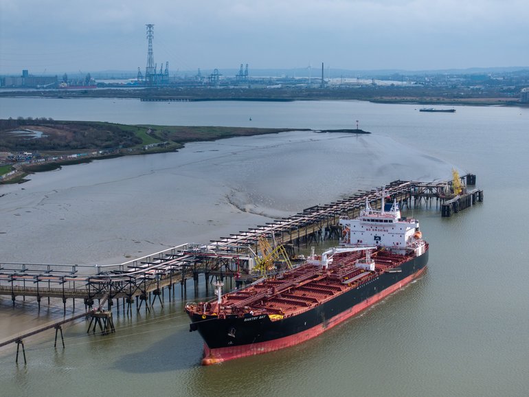 An Oil and Chemical tanker unloads on the River Thames in London this month.