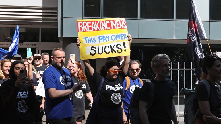 SYDNEY, AUSTRALIA - MARCH 25: Australian Broadcasting Corporation (ABC) staff walk off the job during industrial action at the ABC headquarters in Ultimo on March 25, 2026 in Sydney, Australia. The industrial action is the first at the national broadcaster in two decades. (Photo by Lisa Maree Williams/Getty Images)